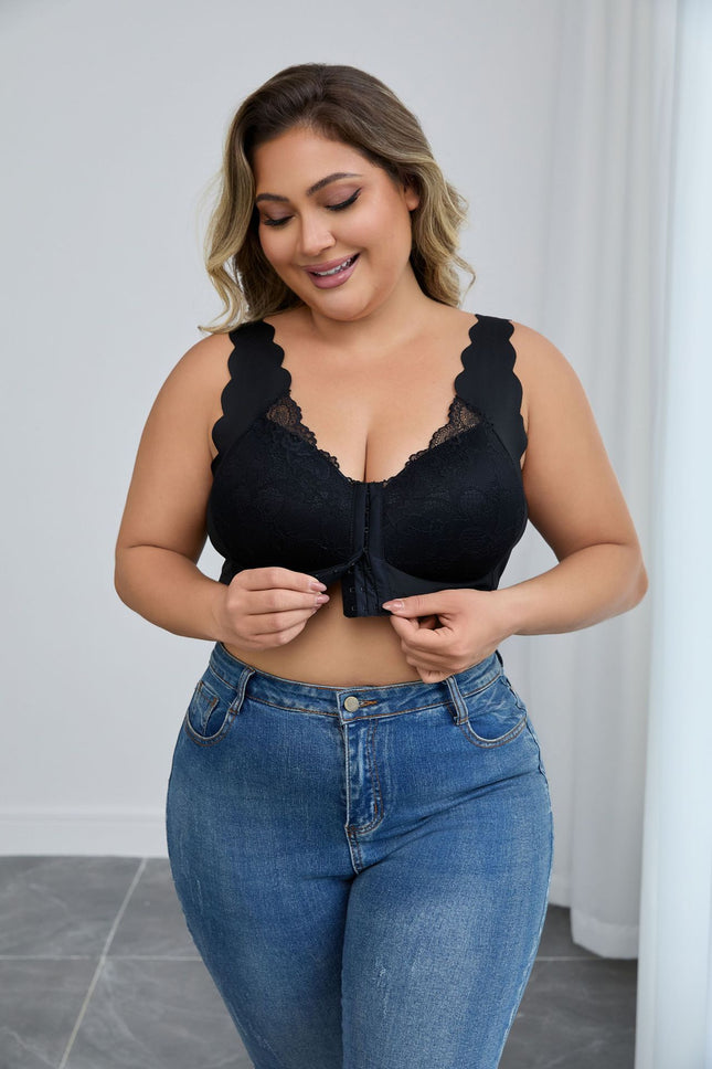 Cross-Border Front Buckle Large Size Lace Sexy Bra Push-Up Underwear Adjustable Wire-Free European and American Thin Bra for Women