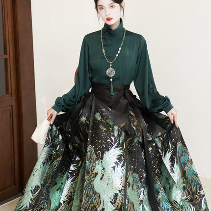 New Chinese Ming Han clothing suit 2024 Spring stand collar two-way shirt top green feather woven gold makeup flower vest skirt