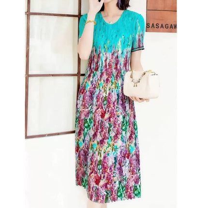 Miyake pleated 2025 summer new temperament round neck printed pleated skirt fashion waist thin magic dress