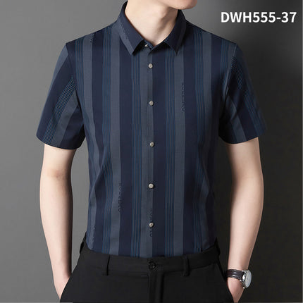 Summer New Vertical Striped Shirt for Men, Short-Sleeved Business Casual High-Elastic Seamless Shirt, Slim Fit Light Business