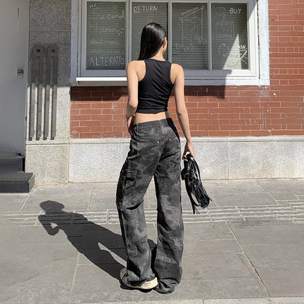 American Style Retro Spring and Summer New Style Spice Girls Wind Middle Waist Loose Multi-Pocket Design Sense Workwear Casual Straight Pants Women's Trendy