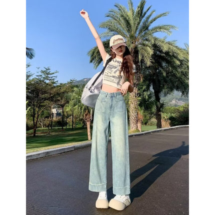 light blue Wide Leg Jeans Women's Fashion All-match New Light Color High Waist Slimming Small Men's Eight-and-Nine Straight Pants