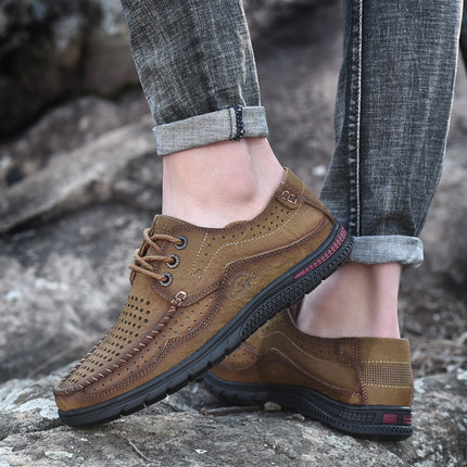 Leather Shoes Men's 2025 New Summer Breathable Hollow-out Leather Shoes Men's Leather Top Layer Cowhide Low-top Lace-up Casual Shoes