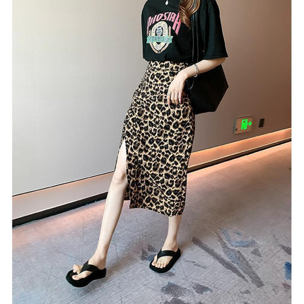 Slit Leopard Print Skirt Women's Summer 2021 New High Waist Slim Smocked Floral A-line Mid-length Hip Skirt