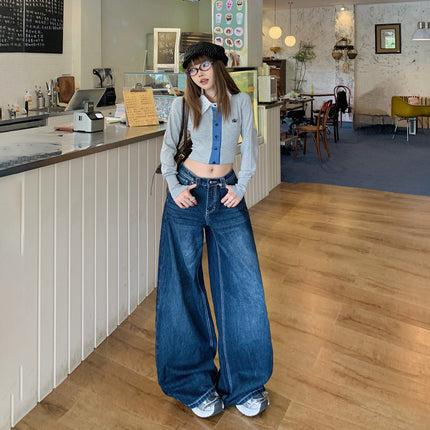 American-Style Dark Blue Wide-Leg Jeans for Women, 2025 Autumn New Straight High-Waisted Loose Slimming Lazy Floor-Length Pants