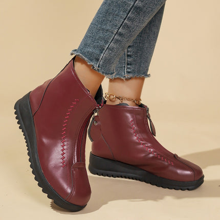 Cross-Border Export Large Size Snow Boots for Middle-Aged and Elderly Soft Leather Boots with Zipper and Velvet Thick Sole Warm Wedge Short Boots Mom Boots