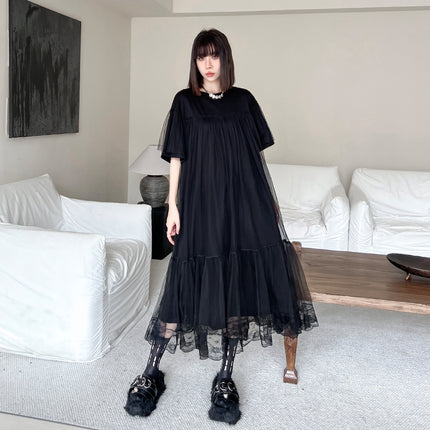 Yamamoto Dark Style Mesh Patchwork Dress for Women, New Spring/Summer Loose Fit, Slimming, Fashionable, Casual, Mid-Length Dress