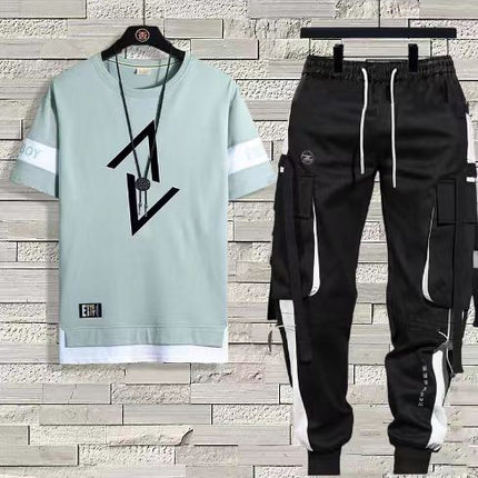 Short-Sleeved T-Shirt Men's Summer Thin Casual Trendy Long Pants Sports Suit Men's Set Loose Half-Sleeved T-Shirt