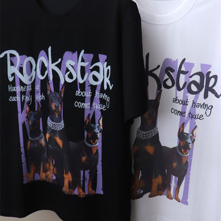 Trendy Brand American Rock Digital Printed Alphabet Doberman Dog Three Dog Short-sleeved T-shirt Fat Man Plus Fat Plus Duffy Handsome
