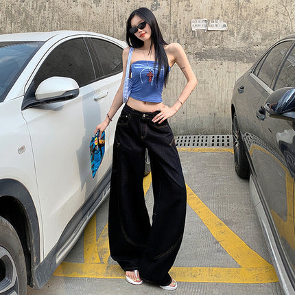 American Embroidered Stitching Machete Wide Leg Jeans Women's 2025 Spring New High Waist Loose Sickle Mop Pants
