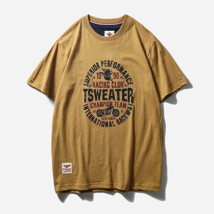 Summer men's Ami Khaji old printed crew neck pullover short sleeve 220g technology sanding heavy industry washed cotton t