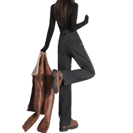 Grey Narrow Wide Leg Jeans Women's Fashionable All-match Korean Style High Waist Slimming Loose Simple Straight Long Pants