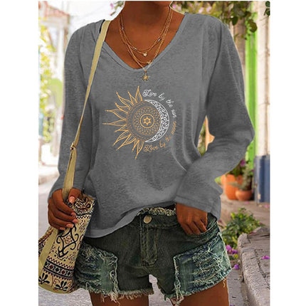 2023 European and American Amazon independent station wish autumn and winter new hot selling women's printed V-neck long sleeve loose T-shirt for women