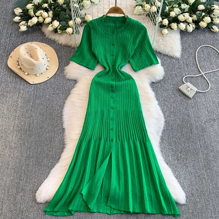 S Brand 2026 Spring/Summer New French-Style Short-Sleeve Knit Dress with Waist-Cinching Slit and A-Line Long Skirt on Aliexpress