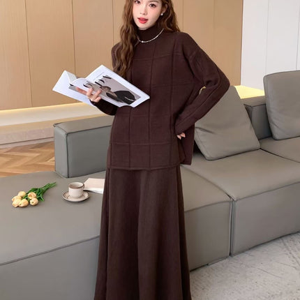 European and American Style Knitted Sweater Set for Women, Autumn and Winter Two-Piece Set, Half-High Collar Pullover Sweater and Solid Color Casual Skirt Set