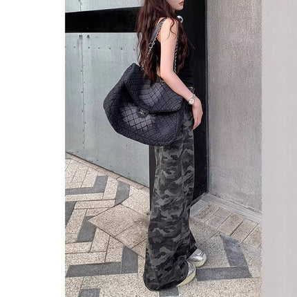 Tall Gray Camouflage Wide-Leg Jeans for Women, Autumn 2025 New Style, Extended Slimming Loose Drape Floor-Length Pants