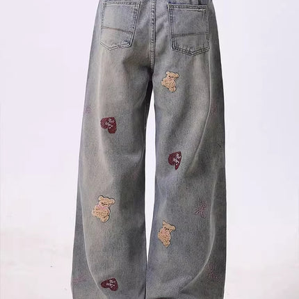 Fun Cartoon Bear Embroidered Ripped Jeans for Women Retro Washed High Waist Slim Loose Floor-Length Wide Leg Pants