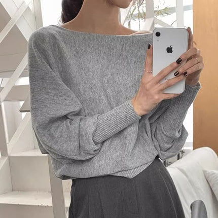 Korean Chic Autum Retro Elegant Round Neck Pullover Pure Color Loose Versatile Lantern Sleeve Knitwear for Women