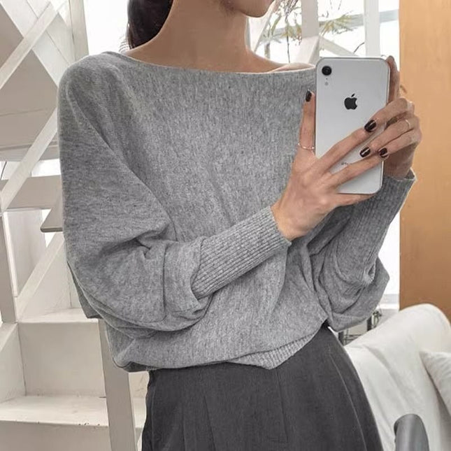 Korean Chic Autum Retro Elegant Round Neck Pullover Pure Color Loose Versatile Lantern Sleeve Knitwear for Women