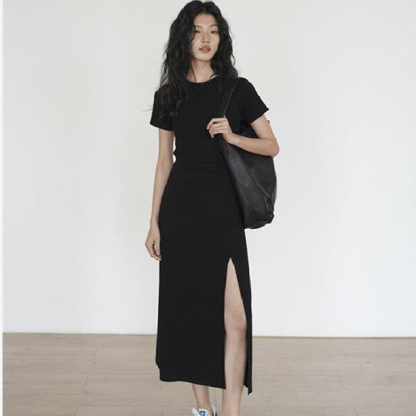 Cross-border Split Figure Figure Crewneck Short-sleeved dress Women's Summer New Waist Design Sense Slim-fit Elegant Skirt