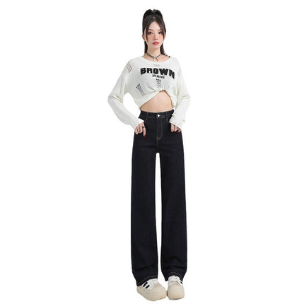 Korean-style Casual Tannin Blue High-waist Straight Pants 2025 Spring New All-match Stretch Slim-fit Jeans for Women