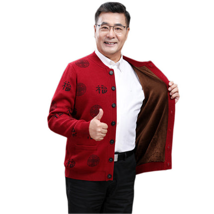 Autumn and Winter Thickened Middle-aged and Elderly Sweater Wool Pure Face Solid Color Jacket Cardigan Elderly Couple Dress Red Festive Parents