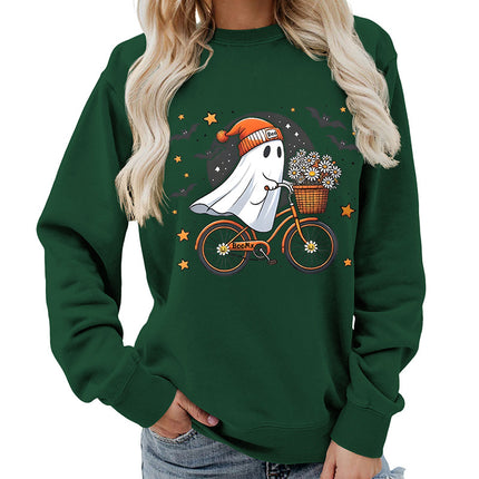 Amazon Source Ghost Riding a Bicycle Halloween Print Round Neck Women's Sweatshirt Casual Loose Fit