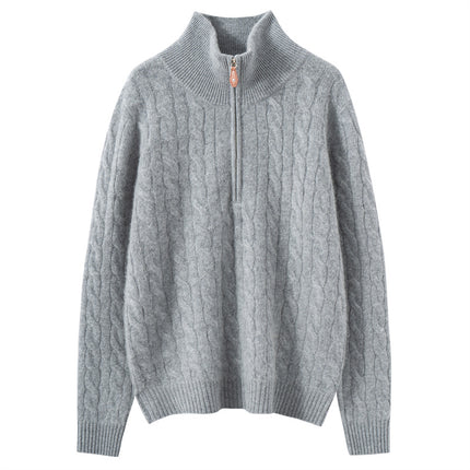 Autumn and Winter New Cashmere Sweater for Women, Loose Slimming Half-Zip Crew Neck Cable Knit Thick Sweater Trendy