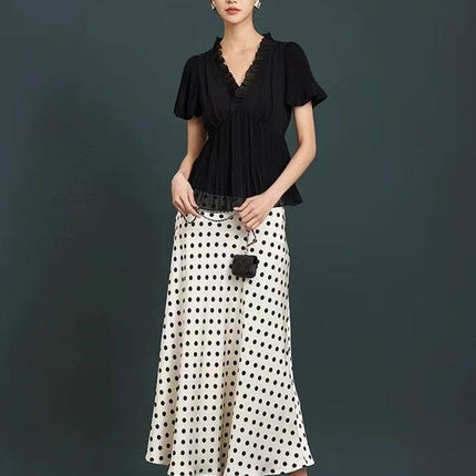 Miu Series Triacetate Polka Dot Skirt Korean Style Satin Polka Dot Elastic Waist Bias-Cut A-Line Skirt Women's Fishtail Skirt