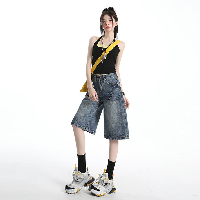 Raccoon House # American Retro Design Niche Lightning Denim Shorts Women's High-Waisted Loose Straight Wide-Leg Cropped Pants