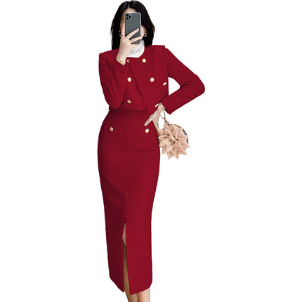 High-grade red suit 2023 autumn and winter New Chanel style slim fit woolen coat two-piece set back-to-door clothes fashion