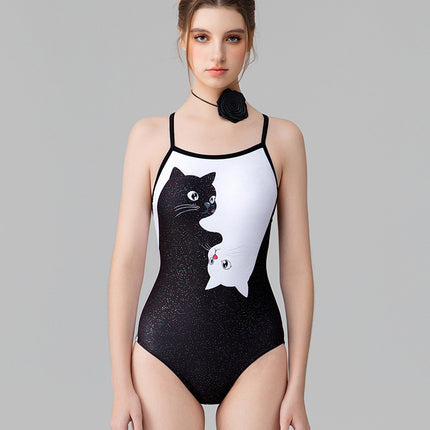 New Black and White Cat Slimming Look One-Piece Triangle Racing Professional Sports Slightly Fat Large Size Double-Layer Swimsuit with Chest Pad