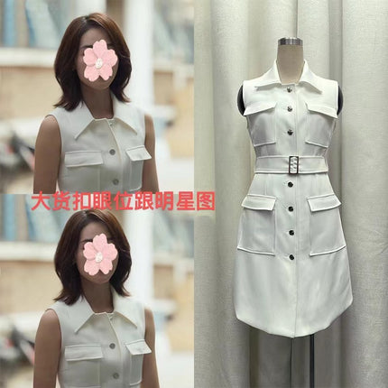 The Story of Rose Guan Zhizhi Blue Yingying Same Style White dress Multi-pocket Belt Waist Sleeveless Skirt Summer