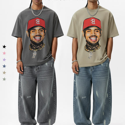 Cross-Border American Retro Chris Brown Chris Brown Printed Short-Sleeve T-Shirt Heavy Trendy Brand Versatile High Street