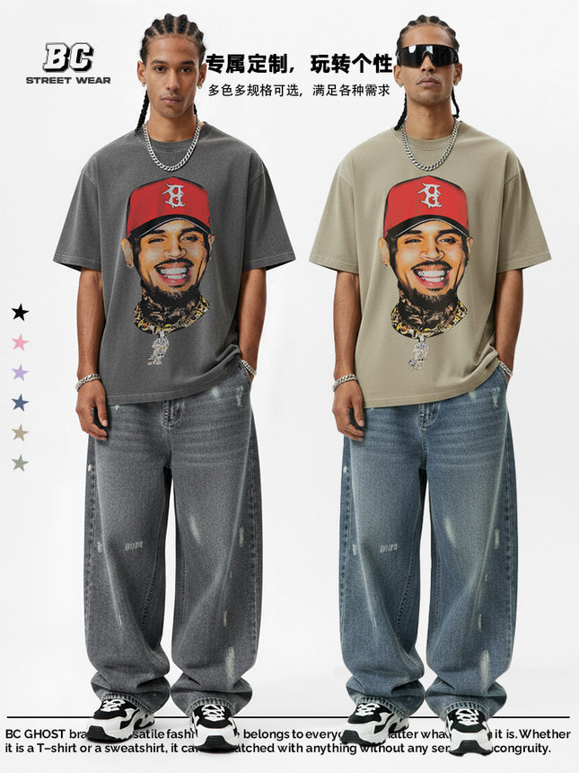 Cross-Border American Retro Chris Brown Chris Brown Printed Short-Sleeve T-Shirt Heavy Trendy Brand Versatile High Street