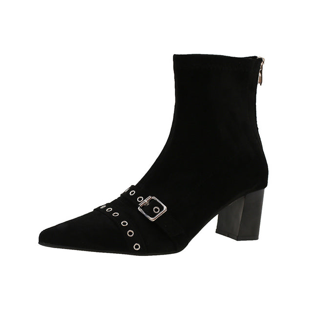 Punk Style Pointed Toe Short Boots Women's Boots 2025 New Spring & Fall Single Boots Rear Zipper Slim Boots Low Heel Ankle Boots