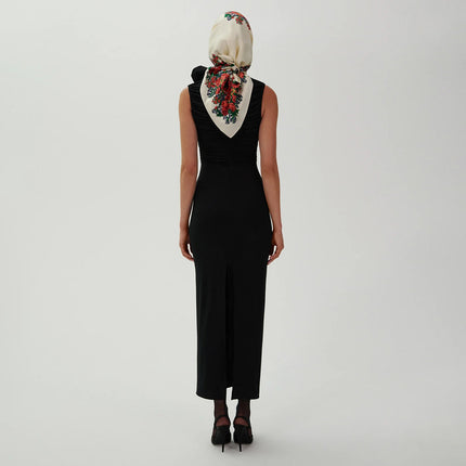 In Stock | New Foreign Trade Style Long Sleeveless Dress with Ruched 3D Floral Design, White Summer Women's European and American Style Bodycon Dress.