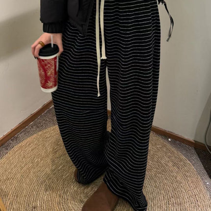 Striped Knit Wide-Leg Pants for Women, Autumn Relaxed Lazy Loose Slimming Casual Pants, Floor-Length Casual Pants for Women