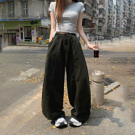 Black and Grey Scimitar Wide Leg Jeans Women's 2025 Summer New Straight Loose High Waist Dummy Slimming Mop Pants