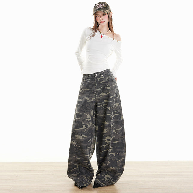 American-Style Camouflage High-Waisted Cargo Knife Pants for Women, Loose and Slimming, New Autumn and Winter Drapey Floor-Length Wide-Leg Casual Pants for Women