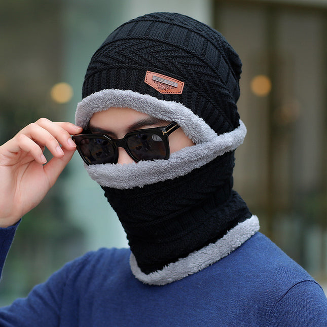 Winter Scarf Hat Two-Piece Set Fleece-Lined Warm Knitted Hat Outdoor Cycling Cold-Proof Woolen Hat Men's Pullover Hat
