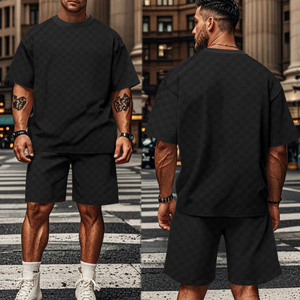 2024 Cross-border Hot Chessboard Sports Leisure suit Amazon Hot Round Neck Short Sleeve Shorts for Men