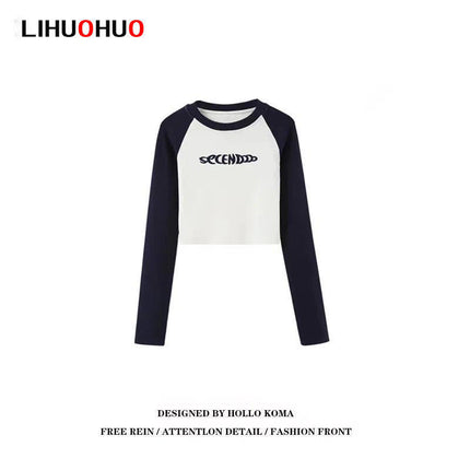 Women's Long-Sleeve T-Shirt with Regular Shoulders, 2026 Autumn New Style, Color-Blocking, Slim-Fit, Short Top, Autumn Trend