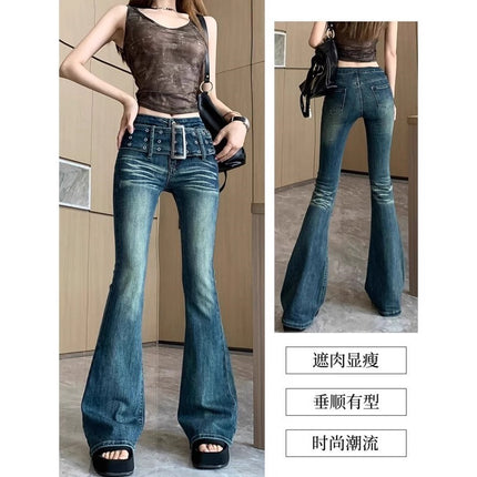 Vintage Belt Micro-flare Jeans Women's Trendy All-match Stretch Slim-fit High Waist Slimming Horseshoe Trumpet Long Pants