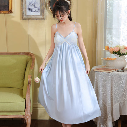 Pure Cotton Suspender Nightgown for Women, Summer French Style Sexy Lace Pure Desire Long Nightgown with Breast Pads, Can Be Worn Outside as Home Wear