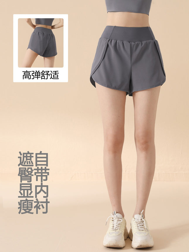 2026 Fake Two-Piece High-Waisted Hip-Lifting Sports Shorts for Women, Anti-Exposure Side Pockets, Loose Fit for Running, Fitness, and Yoga