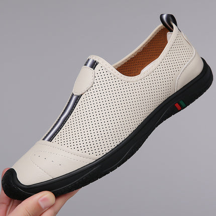 Men's Shoes 2025 Summer New Breathable Thin Hollow-Out Slip-On Black Genuine Leather Casual Loafers