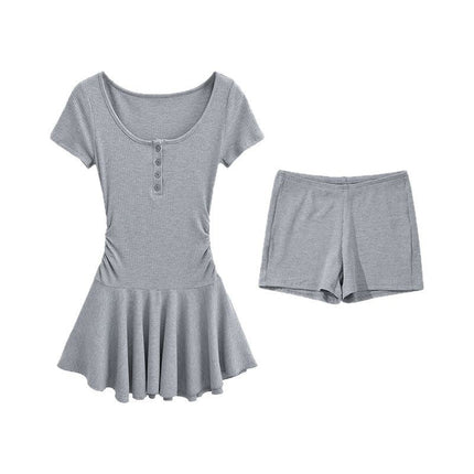 Pure Desire Waist Pleated Skirt Short Sleeve Dress High Waist Bottoming Shorts Two-Piece Set