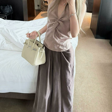 Eae Custom-Dyed Brown Coffee-Colored Cupro Silk Pleated Design, Elegant and Skin-Friendly, with a Draping Effect, Straight Long Skirt