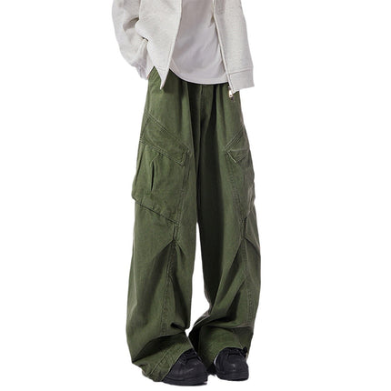 [Washed cotton button row door wrapping] American retro brown wide leg overalls design loose casual straight